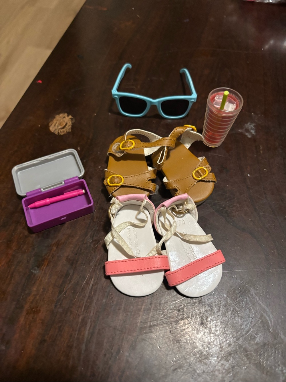 American Girl Pink and Cream Doll Sandals with Tan Buckle Pair